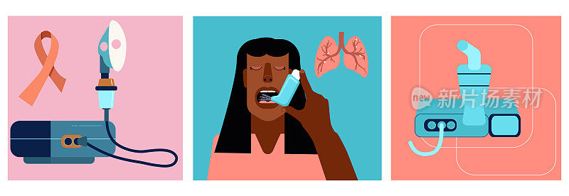 Chronic obstructive pulmonary disease concept.International Pneumonia day.Asthmatic girl breathes with an inhaler.Different nebulizers for all ages.Vector